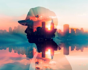 Silhouette of a person with cityscape and sunset reflected in their head. A double exposure image.