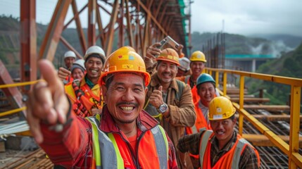 With a beaming smile a group of construction workers pose for a selfie in front of a completed section of a bridge project commemorating their teamwork and accomplishment.