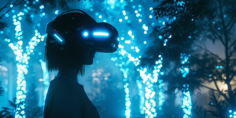 Silhouette of a woman wearing VR headset against glowing blue lights.
