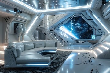 Futuristic interior room with high technology and luxury style, cyber living room with neon light and reflection.Futuristic Apartment Interior Design in Space Station .