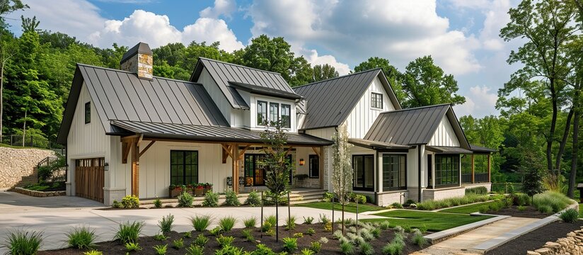 The architectural design of the Modern Farmhouse style house is built with white board and batten walls, a gable roof with a steep pitch and a neat green lawn.