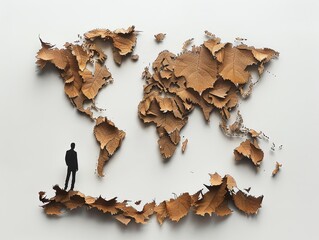 Carte du monde en feuilles brunes avec silhouette sur fond blanc