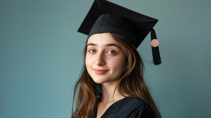 Graduate with congratulatory banner, minimal backdrop, close shot, natural light isolated on soft plain pastel solid background