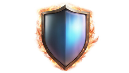 Blue shield surrounded by a ring of flames, symbolizing protection, security, and strength isolate on transparent background, cutout, png