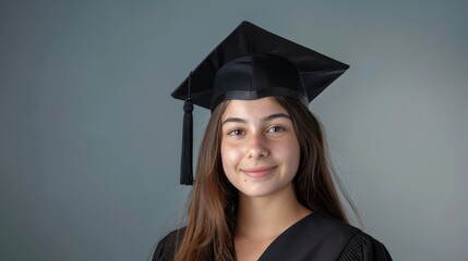 Confident graduate, isolated on gray, panoramic shot, soft lighting isolated on soft plain pastel solid background