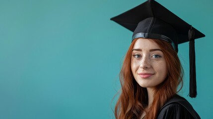 Solemn graduate, minimalistic backdrop, wide angle, natural daylight isolated on soft plain pastel solid background