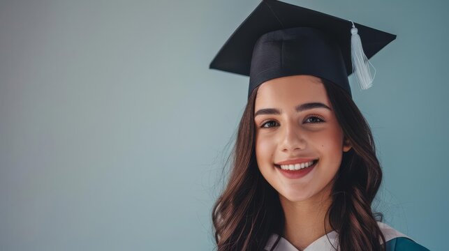 Graduate with congratulatory banner, minimal backdrop, close shot, natural light isolated on soft plain pastel solid background