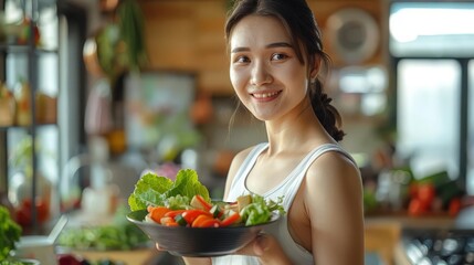 Photo of Asian attractive sport woman holding salad bowl and eat vegetables