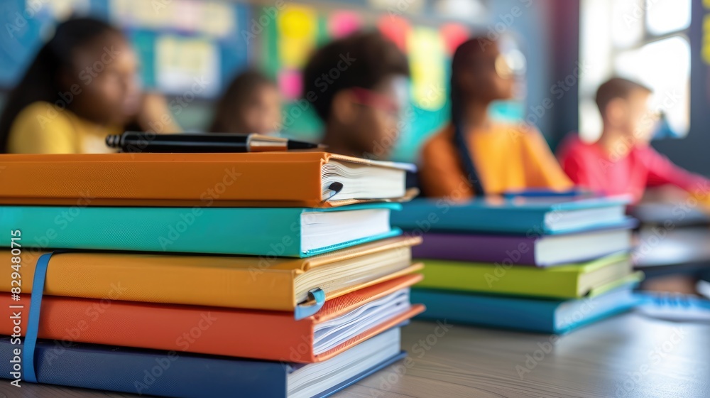Fototapete A close-up of a stack of colorful textbooks and notebooks on a student's desk in a classroom, symbolizing the knowledge and learning materials essential for academic success