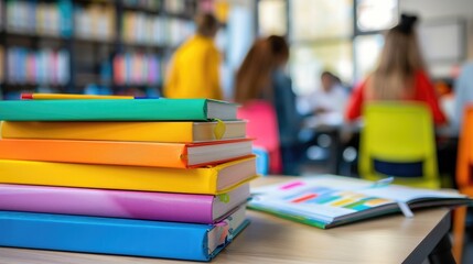 A close-up of a stack of colorful textbooks and notebooks on a student's desk in a classroom, symbolizing the knowledge and learning materials essential for academic success