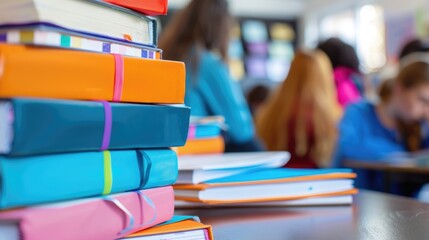 A close-up of a stack of colorful textbooks and notebooks on a student's desk in a classroom, symbolizing the knowledge and learning materials essential for academic success