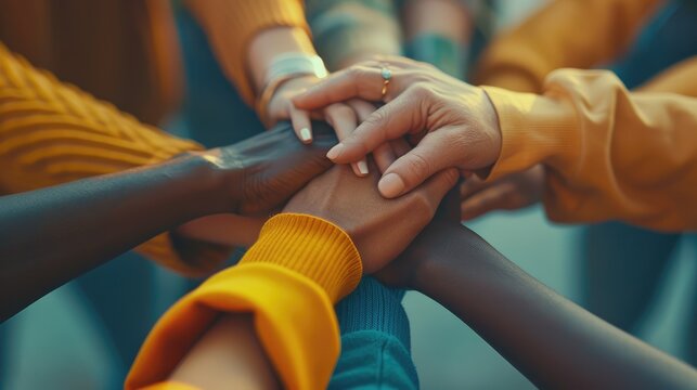 A close-up of diverse hands clasped together in a gesture of unity and support, showcasing the importance of teamwork and inclusivity in the workplace