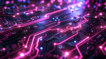 Obraz premium glowing neon circuit board texture background, representing the intricacy of technology and electronics with a futuristic cybernetic aesthetic