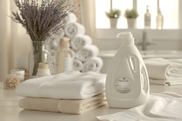 洗練された白い洗剤ボトルと清潔なタオルとラベンダー