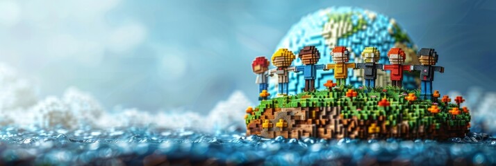 Horizontal banner. World Population Day. A group of people stands holding hands against the backdrop of the globe. Pixel art. Free space for text