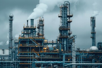 Fototapeta premium Oil Refinery. Industrial Plant Illuminated Amidst Pollution and Energy Production