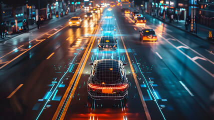 Autonomous self driving electric car change the lane and overtakes city vehicle