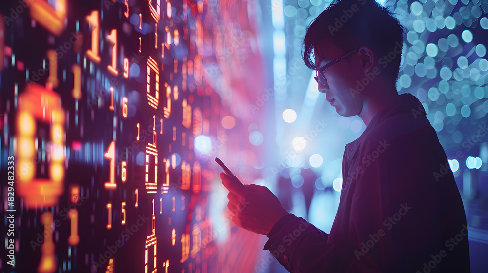 Poster business man using digital tablet with binary code, mobile communication, digital technology concept