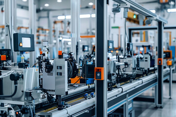 A factory with a conveyor belt and a computer screen