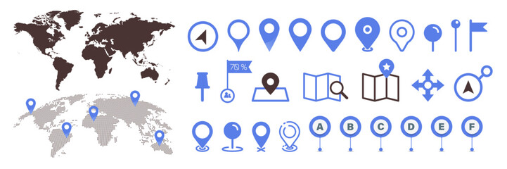 Set of map pin icons with world map. location pin sign. Mapping icon collection. Geolocation map path distance.