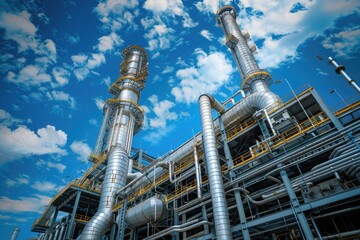 Fototapeta premium Oil Refinery. Industrial Plant Illuminated Amidst Pollution and Energy Production