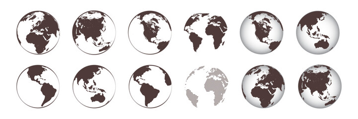 Set of transparent globes of Earth. World map template with continents. World map in globe shape.