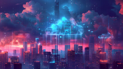 Fototapeta premium Cloud computing technology concept. Smart city and digital cloud data center.Futuristic big data processing cloud