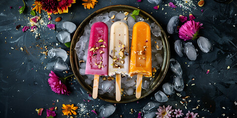 Ice cream popsicle blueberry strawberry pistachio almond orange cherry background