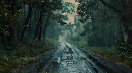 Fototapeta premium The road into the forest in the rainy season with green nature view