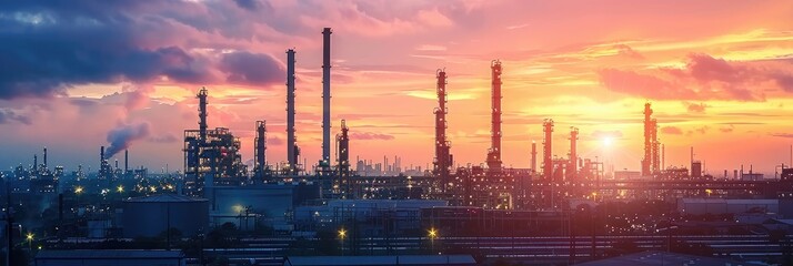 Obraz premium Oil Refinery. Industrial Plant Illuminated Amidst Pollution and Energy Production