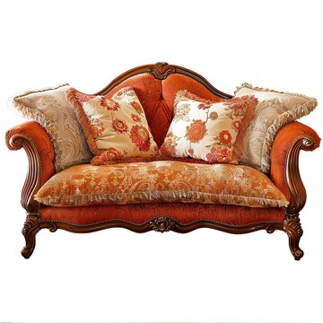Elegant orange sofa with pillows isolated on white background