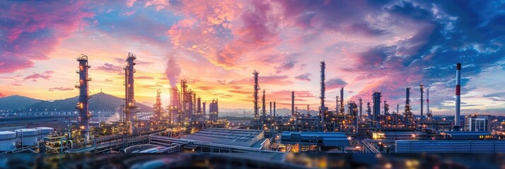 Oil Refinery. Industrial Plant Illuminated Amidst Pollution and Energy Production