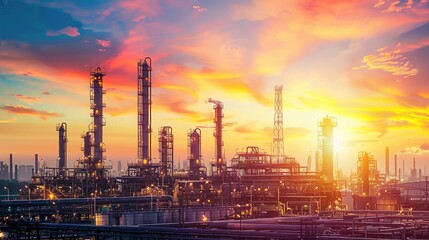 Fototapeta premium Oil Refinery. Industrial Plant Illuminated Amidst Pollution and Energy Production