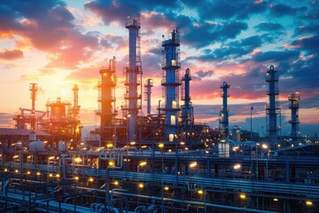 Oil Refinery. Industrial Plant Illuminated Amidst Pollution and Energy Production