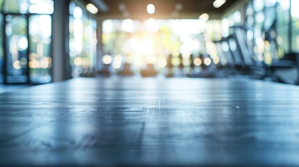 Blurred wooden table view of a modern gym or fitness center in the background. There is a clear focus on the wooden table or counter in the foreground. The wood surface looks rustic