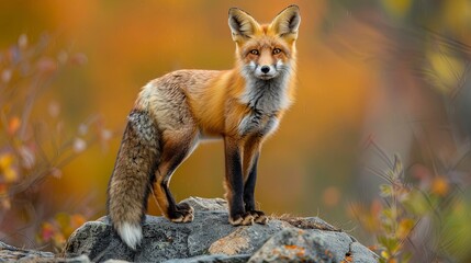 Naklejka premium A young red fox with a bushy tail standing on top of a rock in autumn in Ottawa, Ontario, Canada