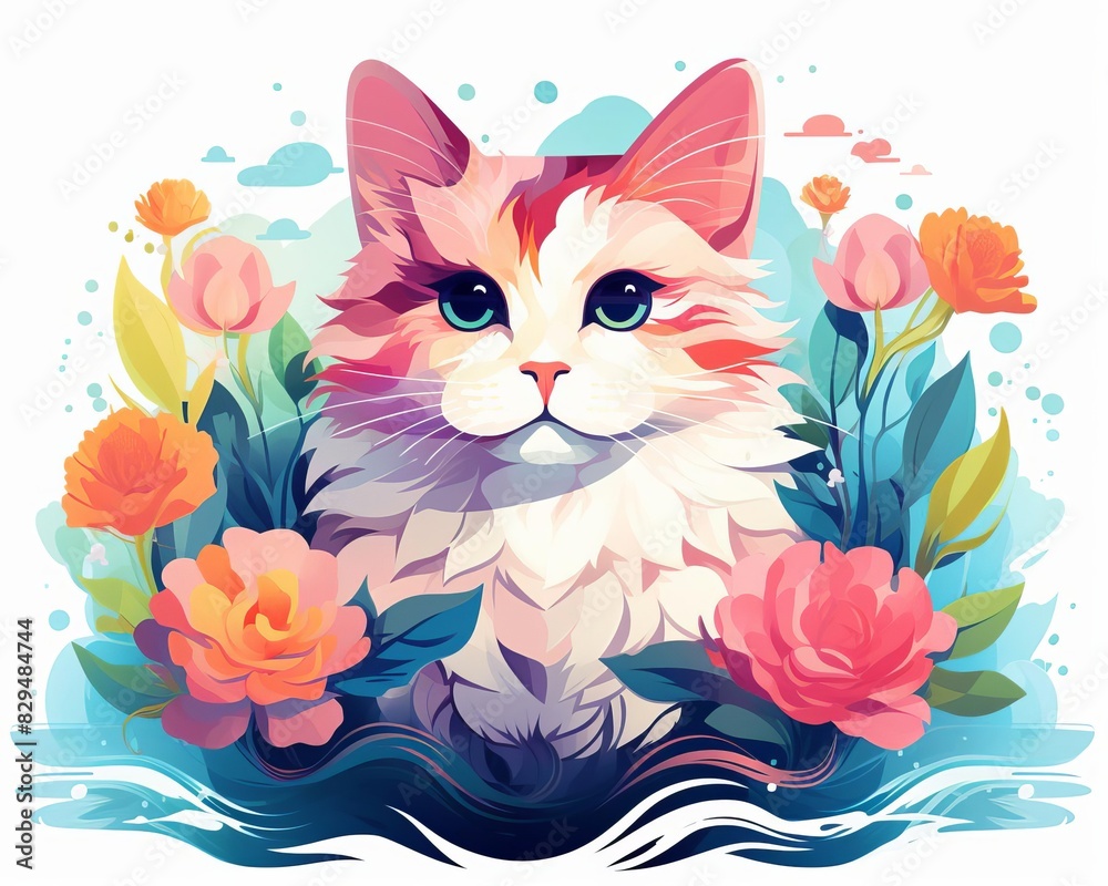 Sticker cat flat design top view theme lake water color triadic color scheme