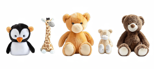 Stuffed animal toy collection of penguin, giraffe and teddy bear isolated on a white background.