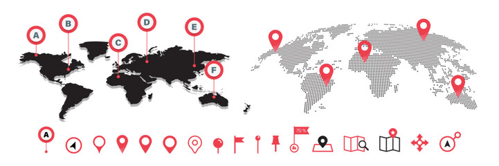 Locations marked with pins on world map, global communication network. World map with pointer marks