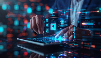 A man in a suit uses a futuristic computer with a digital padlock icon.