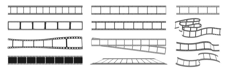 Old grunge movie film long strip set, vintage filmstrip roll frame, vector photo background. Film strip icon.Video tape photo film strip frame vector