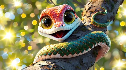 Beautiful cartoon friendly snake with colorful scales on an abstract background with bokeh and highlights