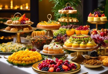 variety food choices morning buffet spread, breakfast, diverse, assortment, selection, meal, dishes, cuisine, delicious, tasty, fresh, healthy, fruits