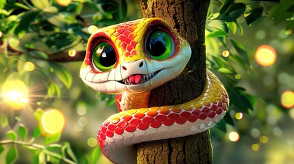 Beautiful cartoon friendly snake with colorful scales on an abstract background with bokeh and highlights