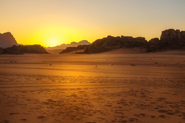 Wadi Rum, Jordan desert landscapeat sunset. The Valley of the Moon and UNESCO World Heritage Site.
