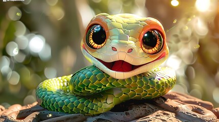 Beautiful cartoon friendly snake with colorful scales on an abstract background with bokeh and highlights