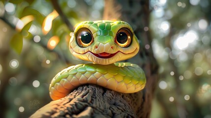 Beautiful cartoon friendly snake with colorful scales on an abstract background with bokeh and highlights