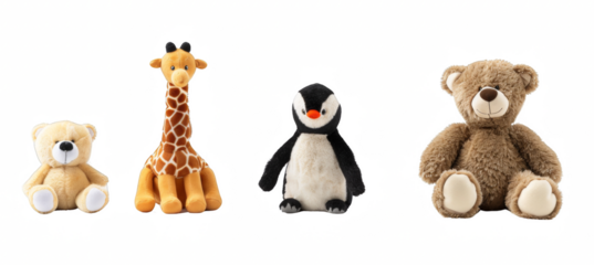 Stuffed animal toy collection of penguin, giraffe and teddy bear isolated on a white background.