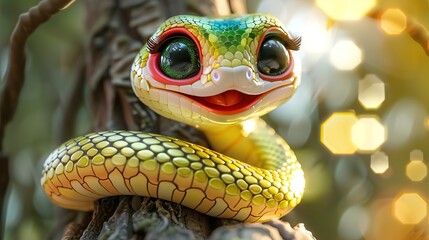 Beautiful cartoon friendly snake with colorful scales on an abstract background with bokeh and highlights