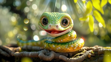 Beautiful cartoon friendly snake with colorful scales on an abstract background with bokeh and highlights